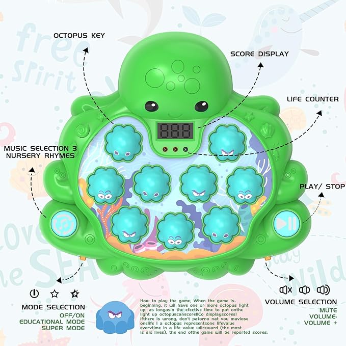Octopus Vitality Strike Game, Educational Musical Whack-A-Mole Toy with 2 Game Modes, Digital Score Display, Toddler Early Developmental Learning Toy, Fun Birthday Gift for Kids Age 2+