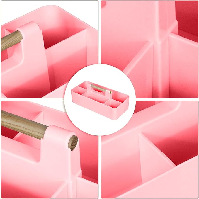 Baby Shower Caddy Plastic Nursery Portable Storage Organizer Caddy Tote for Child/Kids, Divided Basket Bin with Wood Handle for Bathroom, Dorm Room, Holds Hand Soap, Bottles, Spoons (Pink)