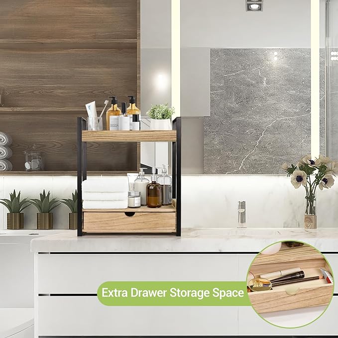 2-Tier Bathroom Organizer Countertop with Drawer, Wood Counter Shelf for Storage, Vanity Tray for Organization and Decor, Countertop Organizer for Bathroom, Kitchen, Office (Brown)