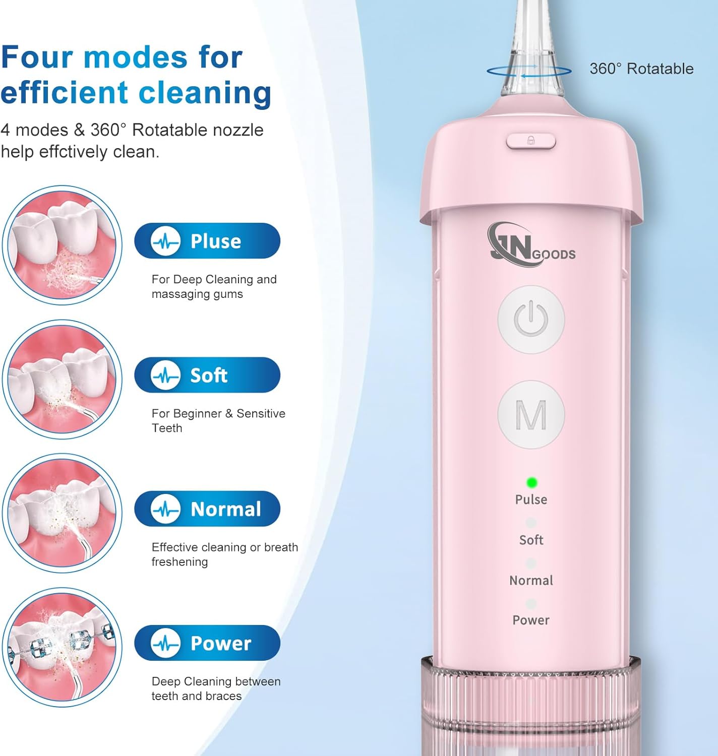 Mini Portable Water Flosser Oral Irrigator Water Teeth Cleaner Pick, Telescopic Water Tank, 4 Modes & IPX7 Waterproof, Home & Travel Water Flossers for Teeth, Braces Bridges Care. (Pink)