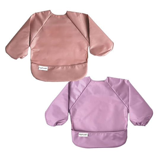 Tiny Twinkle Long Sleeve Bib for Babies & Toddlers – 2 Pack Waterproof Smock Bibs for Eating – Machine Washable & Mess-Proof, Baby Feeding Essential & Shower Must-Have (Taupe Lilac,6–24M)