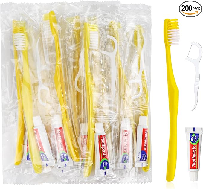 200pcs Disposable Toothbrushes with Toothpaste and Floss,Yellow Bulk Single Use Toothbrush Floss Pick Individually Wrapped Disposable Travel Toothbrushes Kit for Homeless,Airbnb,Hotel,Guest