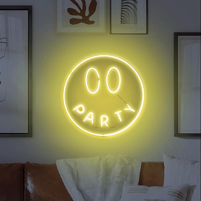 Party Smiley FACE NEON Wall Light, Smiley Face Shaped Yellow LED Light, Wall Decor, Perfect for Holiday & Birthday Gift, Party Decor, Yellow Party Smiley Face Sign for Kids Room