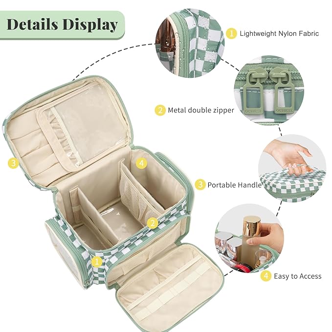 Large Checkered Makeup Bag, Portable Travel Makeup Bag Organizer for Women Girls with Makeup Brush Compartment & Two Side Pockets, Cosmetic Travel Bag Vertical Storage Toiletry Bag- Green1