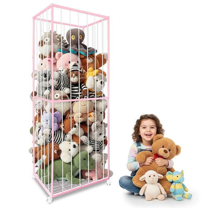 Stuffed Animal Storage, Metal Tube Extra Large Toy Storage Organizer with Brake Wheels, Stuffed Animal Holder Zoo Organizer for Nursery Playroom Kids Room Pink(61” x 23.6”x 16.5”)