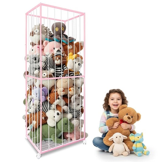 Stuffed Animal Storage, Metal Tube Extra Large Toy Storage Organizer with Brake Wheels, Stuffed Animal Holder Zoo Organizer for Nursery Playroom Kids Room Pink(61” x 23.6”x 16.5”)
