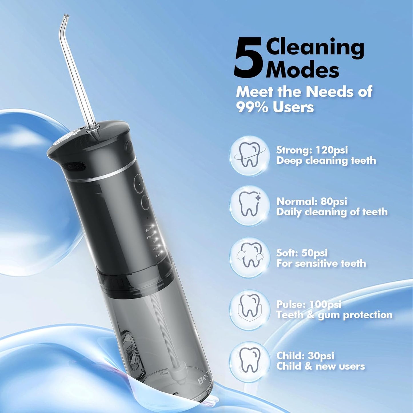Water Flosser Mini Cordless Portable: 5 Modes Water Dental Floss with Telescopic Water Tank, 6 Tips, IPX7 Waterproof Oral Irrigator for Teeth Cleaning Gums,Orthodontic,Braces Dental Care (Black)
