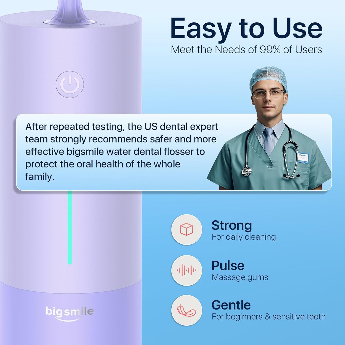 Bigsmile Water Dental Flosser, Rechargeable Oral Doucher, IPX7 Waterproof, Professional Teeth Cleaning, Effectively Keep Mouth Clean and Healthy (Purple)