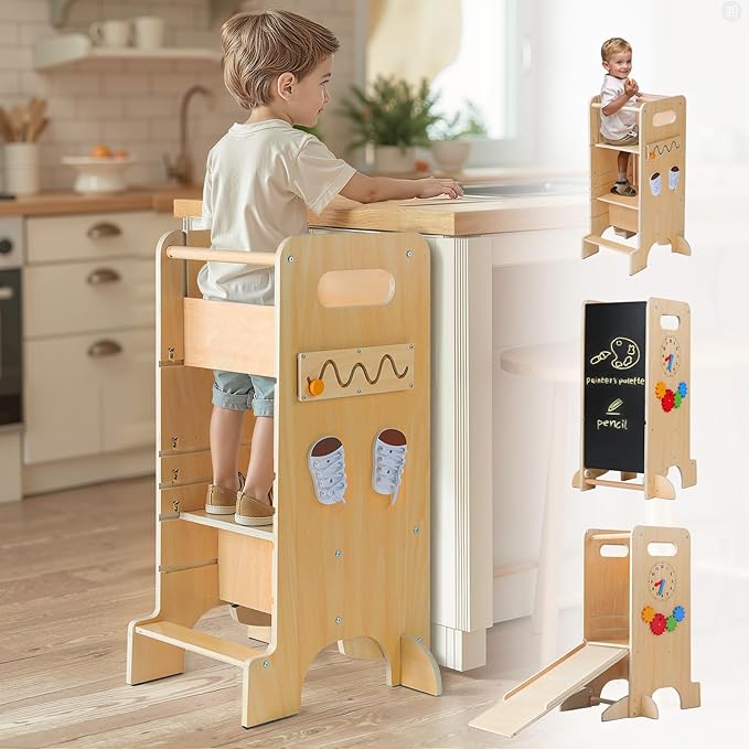 Toddler Tower 4-in-1 Multifunctional Kitchen Stool Helper with Removable Safety Board, Adjustable Heights, Slide, Highchair, Chalkboard, Montessori Games