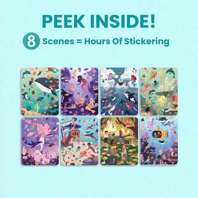 CUPKIN Mermaid Stickers, Toddler Sticker Book for Kids, Fun Toy, Toddler Road Trip Essentials, 300+ Girly Stickers + 8 Sticker Scenes and Coloring Pages, Mermaid Stickers Ages 2+