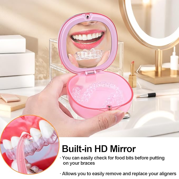 Pink Aligner and Retainer Case Double-layer Cute Slim Braces Night Mouth Guard Case with Remover Tool, Chew and Cleaning Brush, Built in Mirror Orthodontic Dental Retainer Container