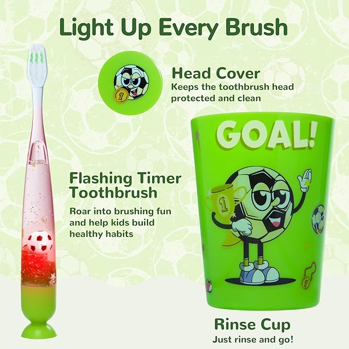 Lily's Home Kids Toothbrush with Flashing Timer and Soft Bristles, Rinsing Cup & Cover - Fun 2-Min Light-Up Brushing for Children - Toddler Soft Toothbrush Kit (Football)