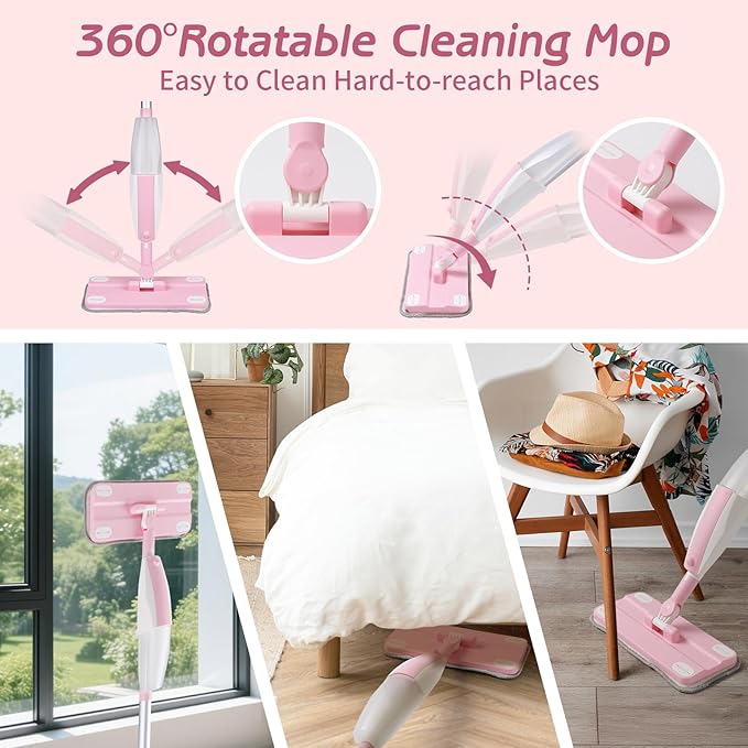 Hilsoeet Kids Spray Mop Pink, Real Working Water-Spraying Toy, Montessori Mini Mop with 2 Microfiber Washable Pads, Toddler Cleaning Set for Floor, Christmas Birthday Gifts for Age 3 4 5 6 7 8