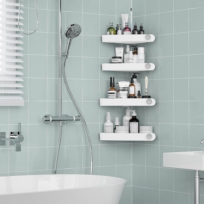 Sotfamily Shower Caddy Corner, 4 Pack Adhesive Corner Shower Shelves for Bathroom Organizers and Storage, Rust Free Plastic Rack for Bathroom Accessories & Decor, White