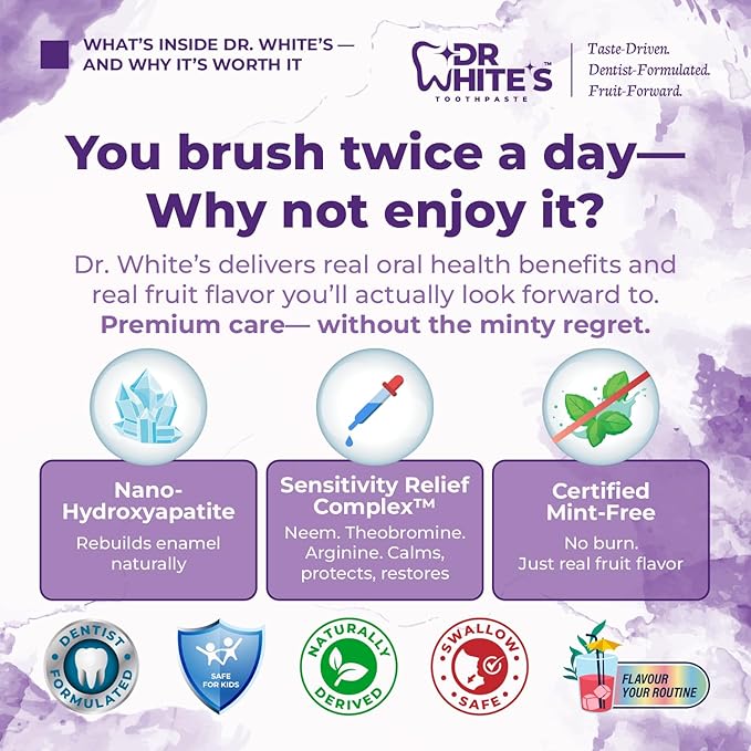 Dr. White’s Fluoride-Free nHA Toothpaste 2-Pack; Dentist-Formulated, Nano Hydroxyapatite + Xylitol, Sensitivity Relief Complex™, Mint-Free, Enamel Safe, Swallow-Safe (3.5 Oz, Passion Fruit Kiss)