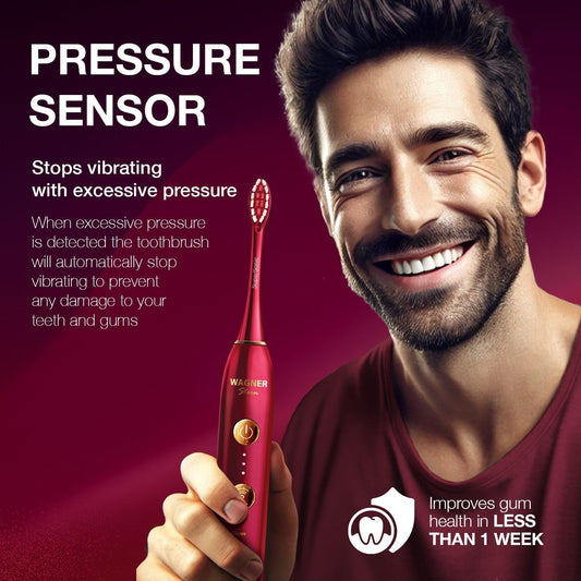 Wagner Stern WHITEN+ Edition. Whitening Electric Toothbrush with Pressure Sensor. Offers 5 Brushing Modes, 3 intensities, 8 Soft Brush Heads, and a Luxury Travel case.