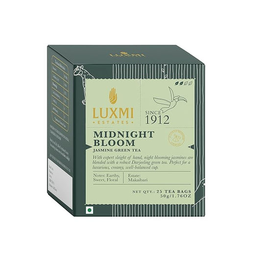 Luxmi Estates Midnight Bloom Organic Jasmine Tea (25 Tea Bags) Mildly Caffeinated Tea Bags For Relaxing, Calming, and Stress Relief, With Certified Organic Darjeeling Makaibari Green Tea