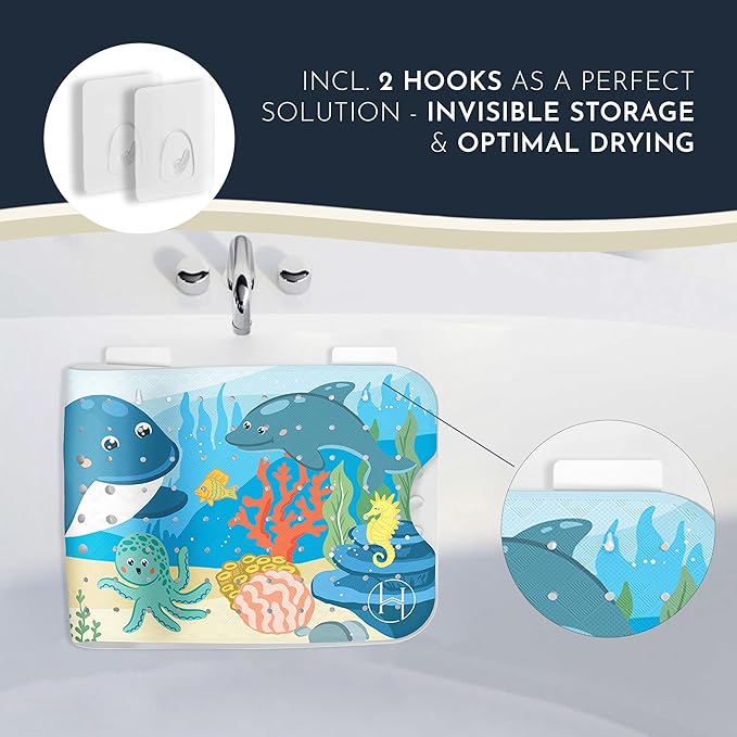 Bath Tub Mat Non Slip Anti Mold for Kids BPA Free INCL Hooks - homerella® Ocean Sea Animals 40x16, Baby Bath Mat Non Slip 200 Suction Cups, Non Toxic Machine Washable Toddler Bath Mat, EU Certified