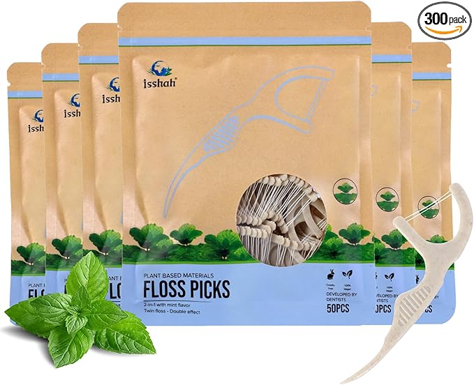 Plant Based Dental Floss Picks (300 Count) - Freshlock EcoPouch, Plant Based, Vegan, Eco Friendly, Sustainable Dental Flossers - Twin Floss (Mint)