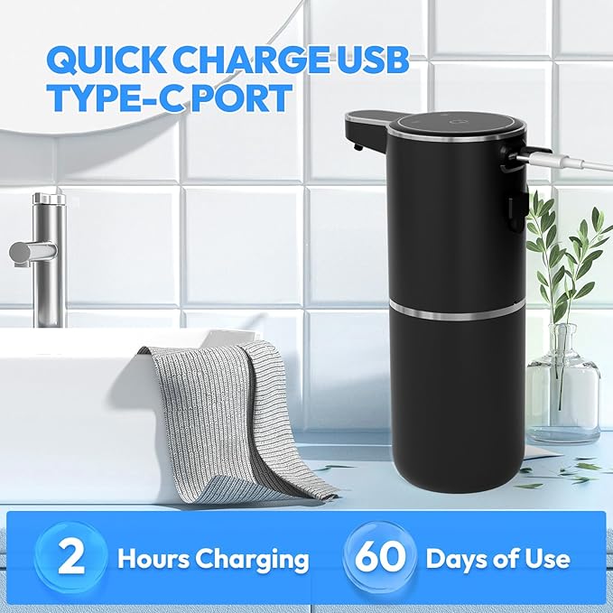 2 Pack Automatic Foaming Soap Dispenser,Touchless Foam Soap Dispenser,12.8oz Rechargeabled Wall Mounted Smart for Bathroom and Kitchen Dish Soap,Easy for Toddlers(Black)