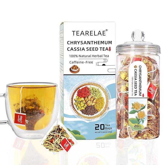TEARELAE - Chrysanthemum Cassia Seed Tea - Nourishing Liver Tea - 8g x 20 Count - Burdock Root, Goji Berry, Honeysuckle, Osmanthus - Natural Herbal Chrysanthemum Tea Bags - Liver Clean & Detox