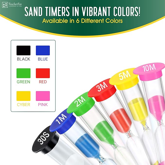 Sand Timer for Kids Set of 6 Small Colorful Hourglass Acrylic Covered Clock 30Sec 1Min 2Min 3Min 5Min 10Min for Classroom, Home & Kids Room
