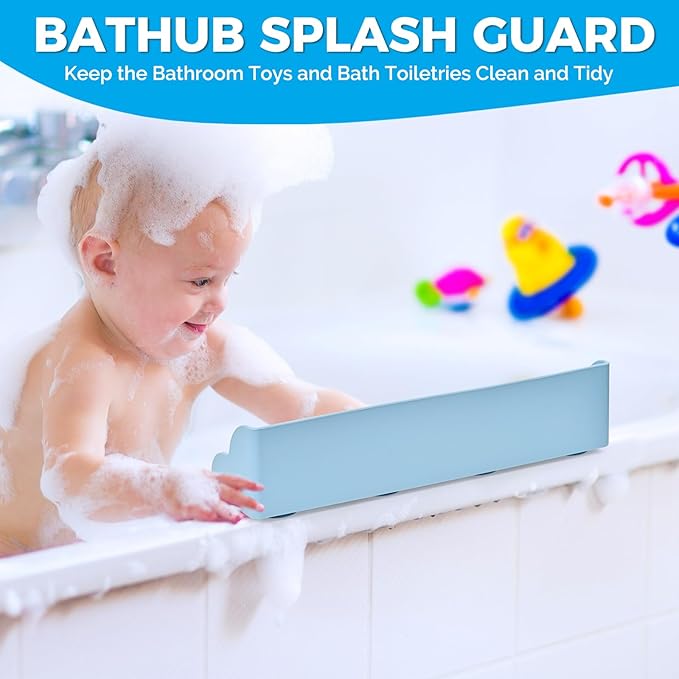 Bathtub Splash Guard, Silicone Bath Caddy Tray with 4 Suction Cups, Kids Toy Holder and Organizer Shelf for Toddler Tub Accessories (Blue)
