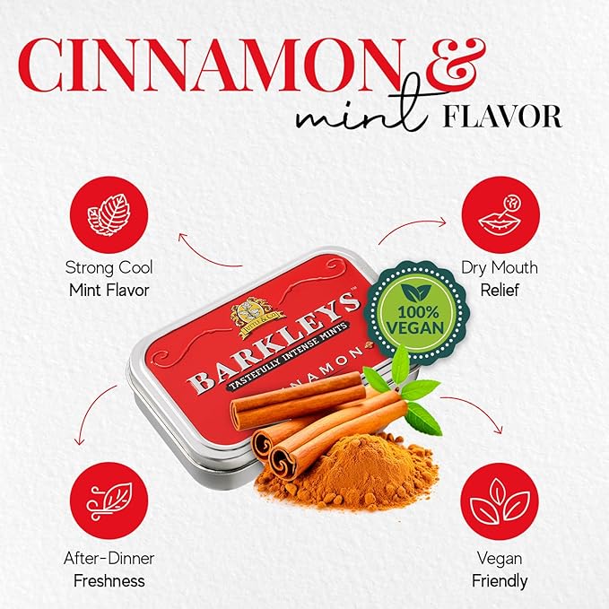 Barkleys Cinnamon Breath Mints -Strong Cool Flavor Candy, Dry Mouth,- Breath Freshener, After Dinner Mints In Reusable Classic Travel Tins, Vegan, 1 Pack - 50 Count Each