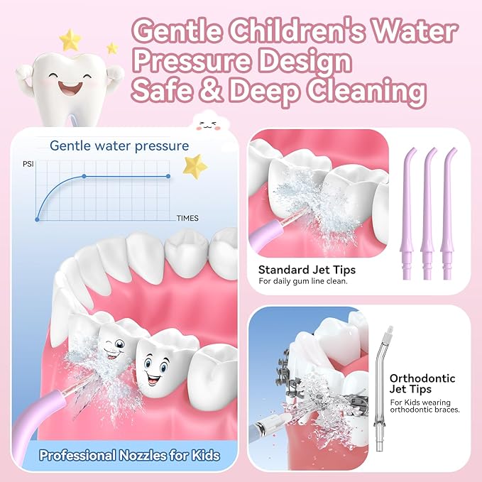 JTF Kids Water Dental Flosser: Rechargeable Portable Oral Irrigator with 4 Flossing Modes 230ml Tank 4 Tips Travel Bag Waterproof Stickers, Cordless Electric Flossers for Teeth Gum Braces Care, Age 6+