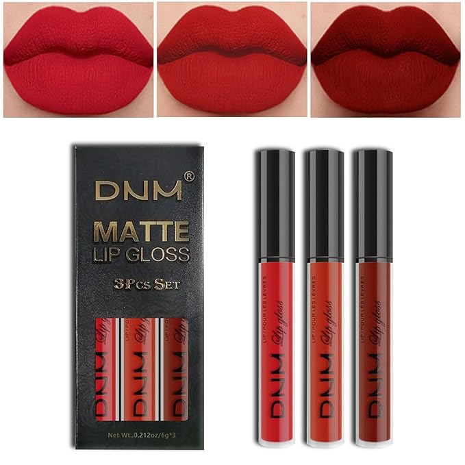 AMY'S DIARY 3Pcs Bright Red Matte Liquid Lipstick Sets, Lip Stain Long Lasting 24 Waterproof Lip Gloss Gift Set Matt Makeup for Women Lippies (05)