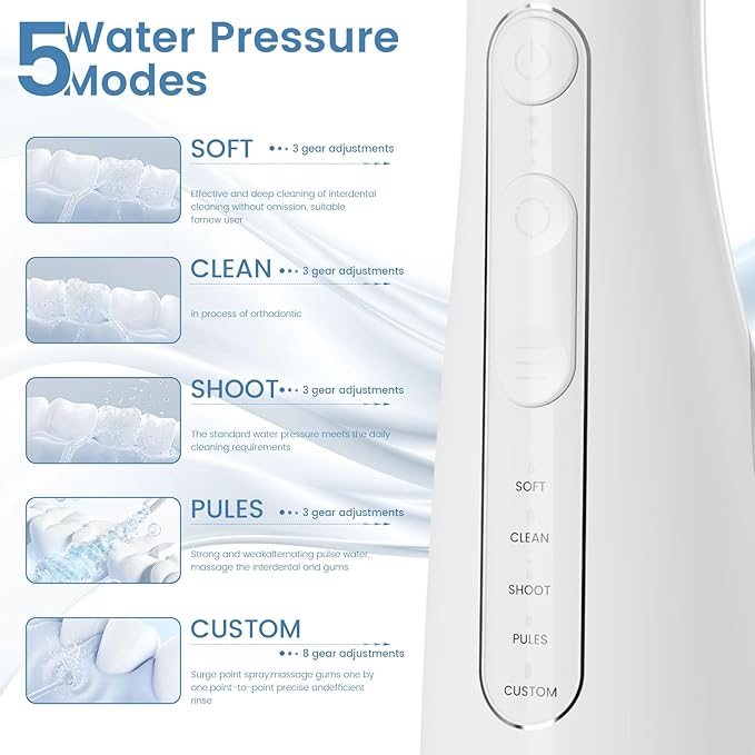 Water Flosser for Teeth with Detachable Washable Tank, 5 Modes Rechargeable Cordless Oral Irrigator, 300ml Portable Dental Flosser, IPX7 Waterproof for Home & Travel, White