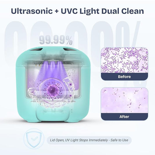 2025 Ultrasonic Retainer Cleaner- 45KHz 25W Portable Denture Cleaner with Drying Function and Removable Inner for Dentures, Mouth Guards, Aligners, Jewelry and More (Blue)