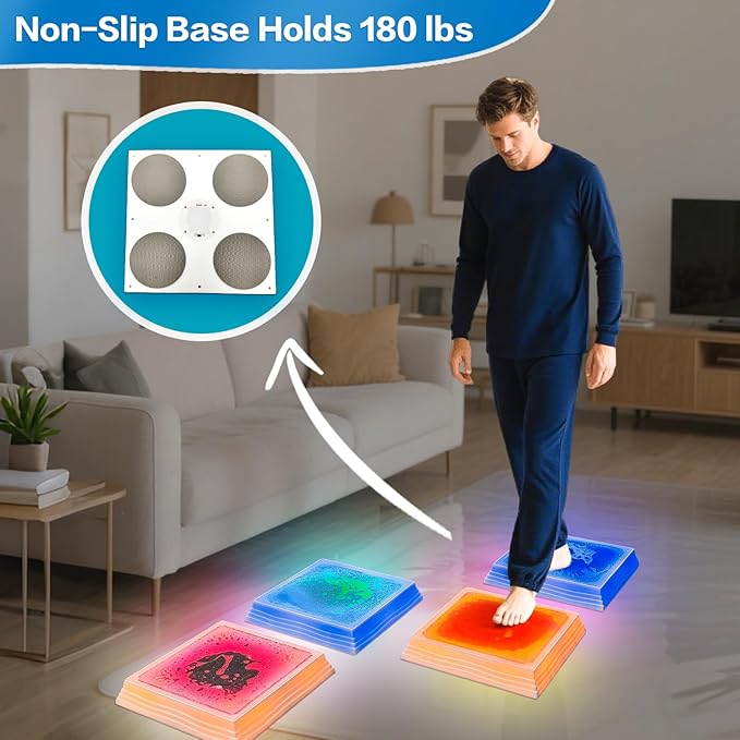 Light Up Sensory Floor Tiles for Kids - 12x12 Inch Liquid Sensory Play Mat with 7 Colors Led Lights, Non-Slip Puzzle Mat for Home and Classroom, Autism Sensory Toys for Toddlers Ages 3-7 (Pack of 4)
