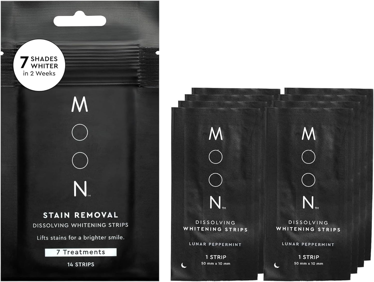MOON Dissolving Teeth Whitening Strips, 14 No Rinse White Strips, Peppermint, Hydrogen Peroxide & Essential Oils, Whiten Sensitive Teeth up to 7 Shades in 2 Weeks, Travel Essentials, Vegan Oral Care