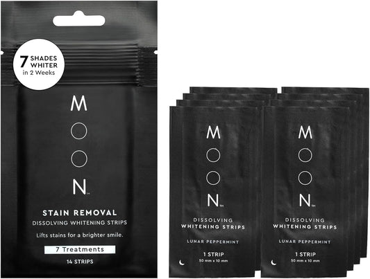 MOON Dissolving Teeth Whitening Strips, 14 No Rinse White Strips, Peppermint, Hydrogen Peroxide & Essential Oils, Whiten Sensitive Teeth up to 7 Shades in 2 Weeks, Travel Essentials, Vegan Oral Care