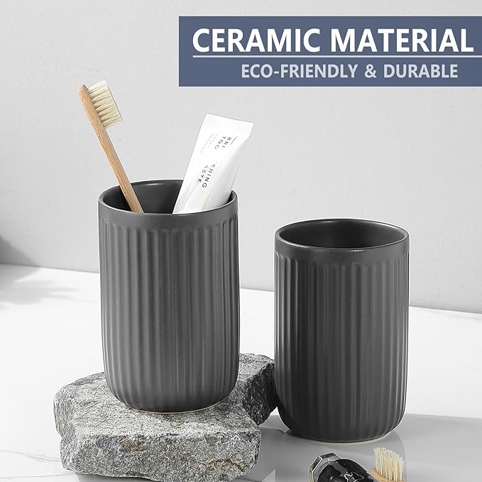 Grey Toothbrush Holders for Bathrooms - 2 Cups Ceramic Toothbrush Toothpaste Holders Set, White Bathroom Tumbler Cups Reusable Toothbrush Mouthwash Cup, Bathroom Counter Organizer.