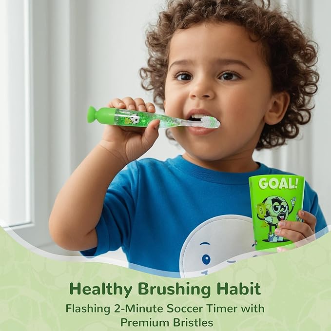 Lily's Home Kids Toothbrush with Flashing Timer and Soft Bristles, Rinsing Cup & Cover - Fun 2-Min Light-Up Brushing for Children - Toddler Soft Toothbrush Kit (Football)