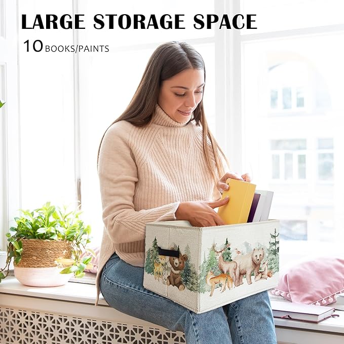 Rectangular Kids Storage Basket with Handles,Toy Baskets Storage Kids,Cute Animal Woodland Foldable Nursery Decorative Baskets for Kids Girls Room Dorm Bedroom Bathroom Clothes Toys Books