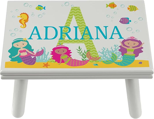 Let’s Make Memories Personalized My Own Name Step Stool - Children’s Step Stool - Sturdy Wood – Non-Toxic Paint, Sealer - Mermaid Design - Gray - 14’Wx9.25”Lx8.75”H - Ages 3+