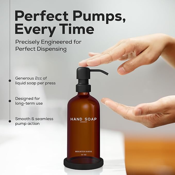 Amber Glass Hand Soap Dispenser Bathroom Set by Brighter Barns - Refillable Liquid Hand Soap Dispenser Tray and Pump Set for Kitchen - Modern Bathroom Decor & Accessories for Airbnb, RV, Hotel (Amber)