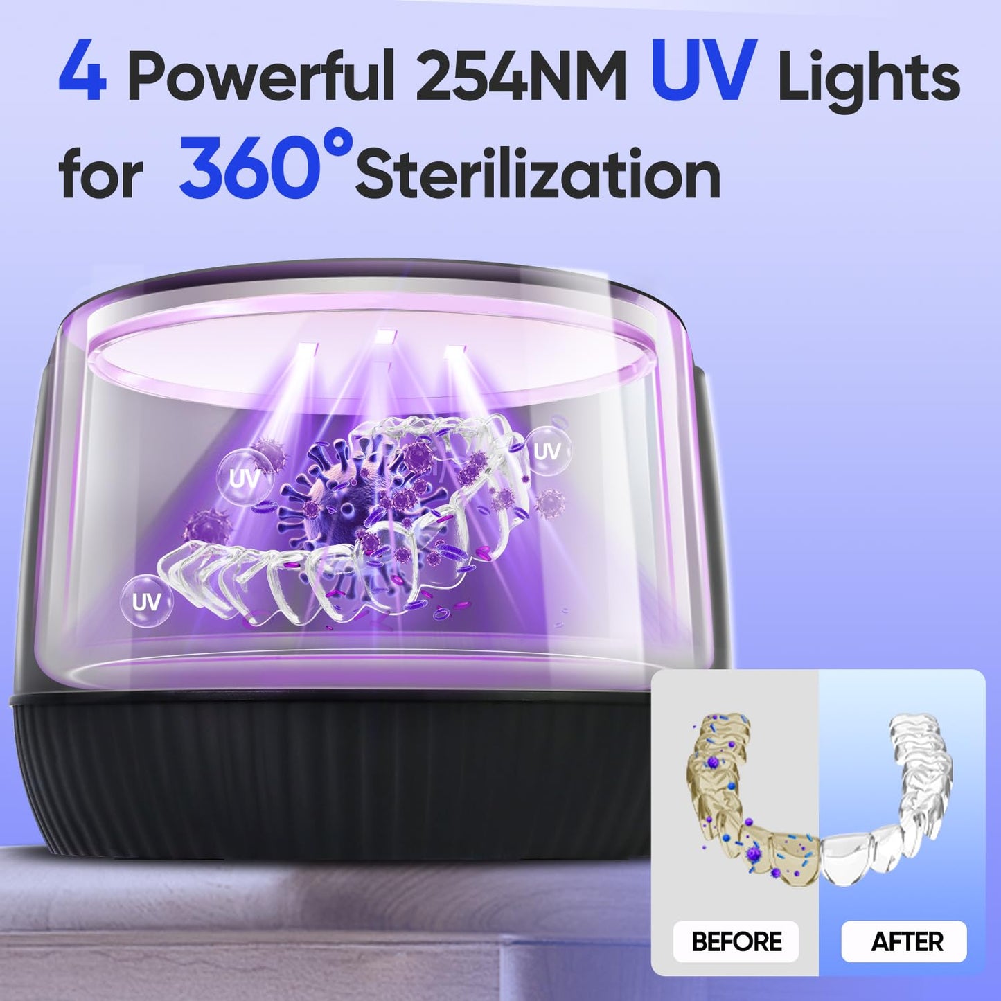 MySmile Ultrasonic Retainer Cleaner- 45kHz Denture Cleaner Machine with 200ML Capacity for Aligner, Mouth Guard, Braces, Portable Dental Cleaning Pod with 2 Mode Digital Timer for Home, Travel (BLACK)