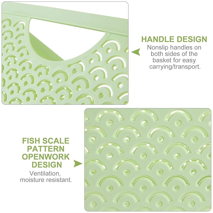 STARVAST 5 Pack Plastic Storage Baskets, Portable Green Fish Scale Pattern Hollow Desktop Storage Bin Box with Handle for Kitchen, Bathroom, Kids Room or Nursery Storage – 9.4 x 7.1 x 4.1 inches