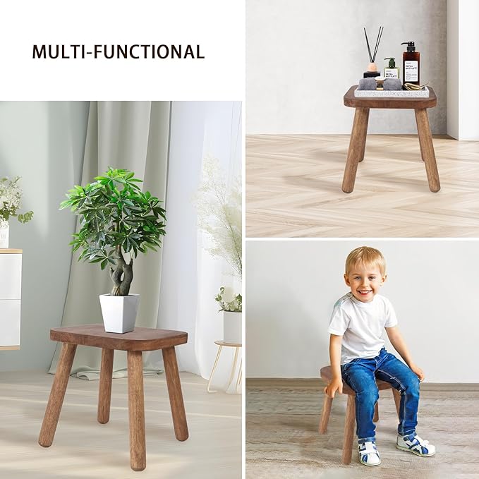 Natural Solid Wood Step Stool Wood Stool for Kids 11.7'' Sturdy Sitting Stool Wooden Step Stool for Adults Square Stool Wood Plant Stand Small Foot Stool with Four Detachable and Assembled Legs