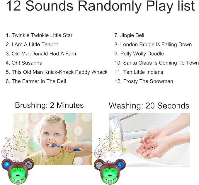 LUXSWAY Cute Animal Toothbrushing Timer for Kids with Musical Volume, 2 Minute Kid Timer for Teeth, 20 Seconds Wash Hand for Kids Training, Rechargeable Colored Led Light Visual- Monkey