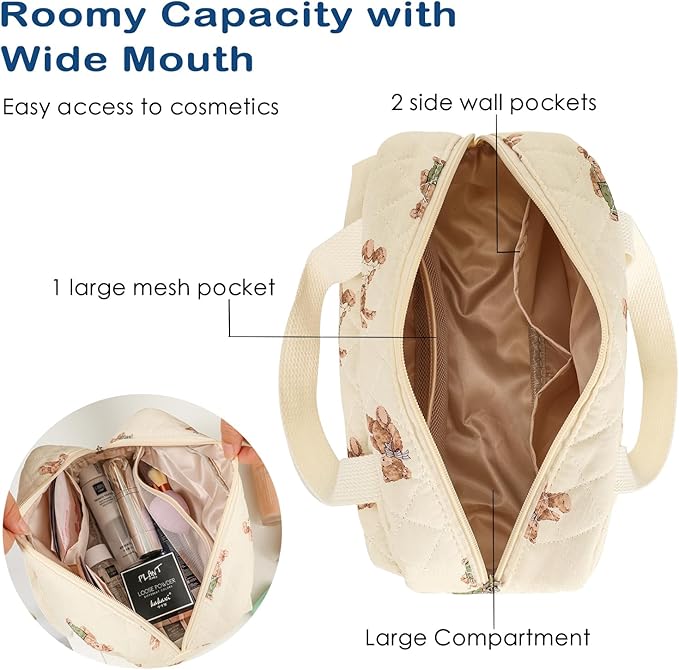 Large Size Quilted Coquette Makeup Bag, Cute Preppy Floral Cotton Travel Cosmetic Organizer Bag with Top Handle, Multi-Layer Travel Toiletry Pouch for Girls (03Pink Bow)