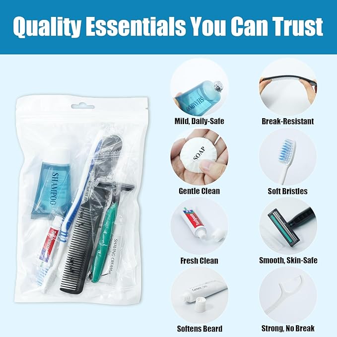 50 Pack Hygiene Kits for Homeless in Bulk, 8-in-1 Personal Toiletry Kit Individually Packed with Toothbrush, Toothpaste, Comb, Flossers,Shampoo, Soap, Razor & Shaving Cream