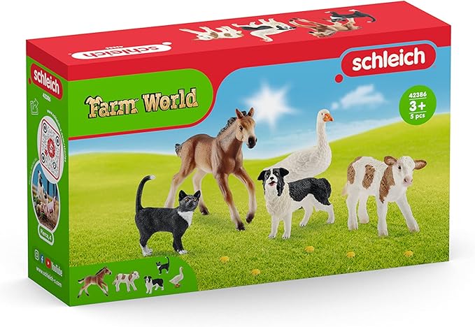 Schleich Farm World - 5PC Realistic Farm Animal Figurines for Boys and Girls - Realistic Barn Animal Playset with Cow, Cat, Dog, Goose and Horse - Barnyard Figures for Toddlers - Kids Ages 3+ | 45784