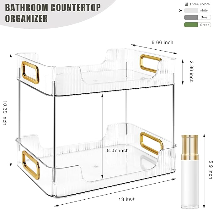 2-Tier Bathroom Counter Organizer Countertop Storage, Dresser Organizer Vanity Tray for Makeup, Perfume Organizer Cosmetics Skincare Shelf - Clear