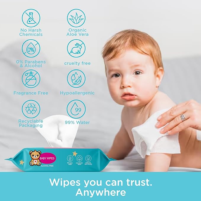Ioly's Baby Wipes Unscented Wet Wipes 99% Water Based with Aloe Vera Fragrance Free Travel Pack 20 ct Hypoallergenic Water wipes for Sensitive Skin Toallitas Húmedas para Bebés Bulk Available