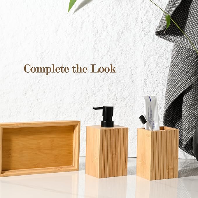 Natural Bamboo Toothbrush Holder, Fluted Square Design for Countertop, Multipurpose Pen Holder or Desktop Organizer, Natural